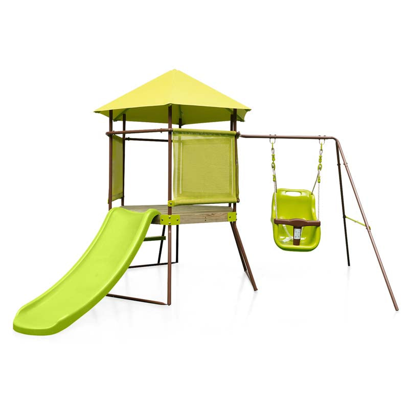 4-in-1 Heavy Duty Metal Swing Set for Kids with Slide, Covered Playhouse Fort, Adjustable Baby Seat & Ladder, Outdoor Playset Swing Set for Backyard