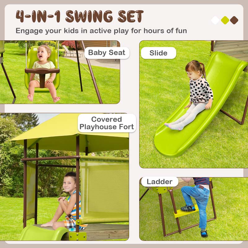 4-in-1 Heavy Duty Metal Swing Set for Kids with Slide, Covered Playhouse Fort, Adjustable Baby Seat & Ladder, Outdoor Playset Swing Set for Backyard