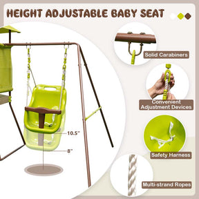 4-in-1 Heavy Duty Metal Swing Set for Kids with Slide, Covered Playhouse Fort, Adjustable Baby Seat & Ladder, Outdoor Playset Swing Set for Backyard