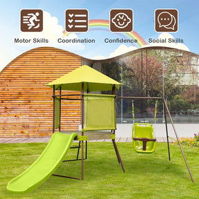 4-in-1 Heavy Duty Metal Swing Set for Kids with Slide, Covered Playhouse Fort, Adjustable Baby Seat & Ladder, Outdoor Playset Swing Set for Backyard