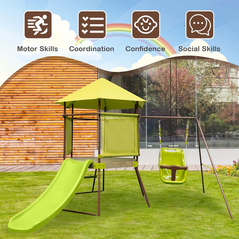 4-in-1 Heavy Duty Metal Swing Set for Kids with Slide, Covered Playhouse Fort, Adjustable Baby Seat & Ladder, Outdoor Playset Swing Set for Backyard