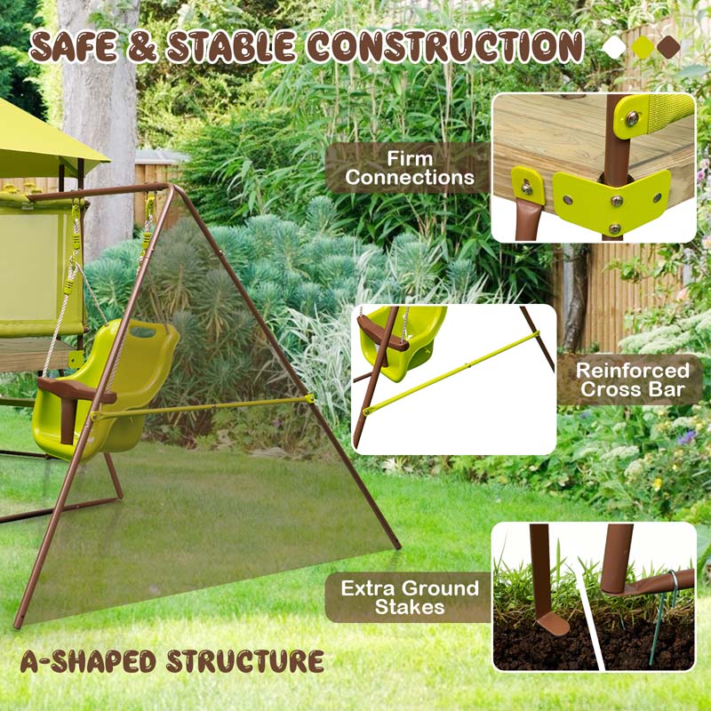4-in-1 Heavy Duty Metal Swing Set for Kids with Slide, Covered Playhouse Fort, Adjustable Baby Seat & Ladder, Outdoor Playset Swing Set for Backyard