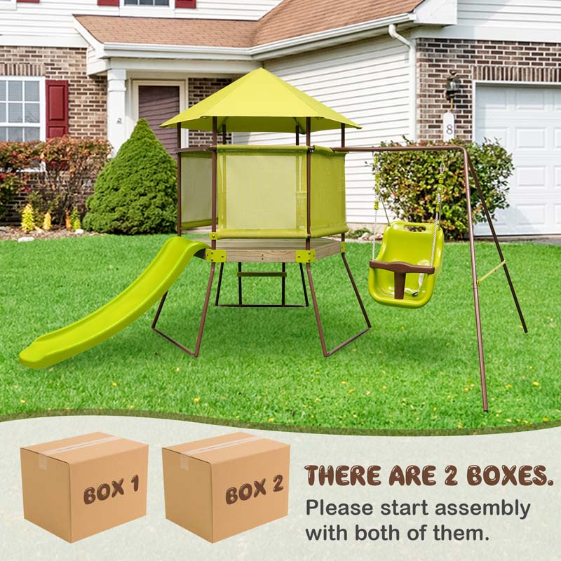 4-in-1 Heavy Duty Metal Swing Set for Kids with Slide, Covered Playhouse Fort, Adjustable Baby Seat & Ladder, Outdoor Playset Swing Set for Backyard