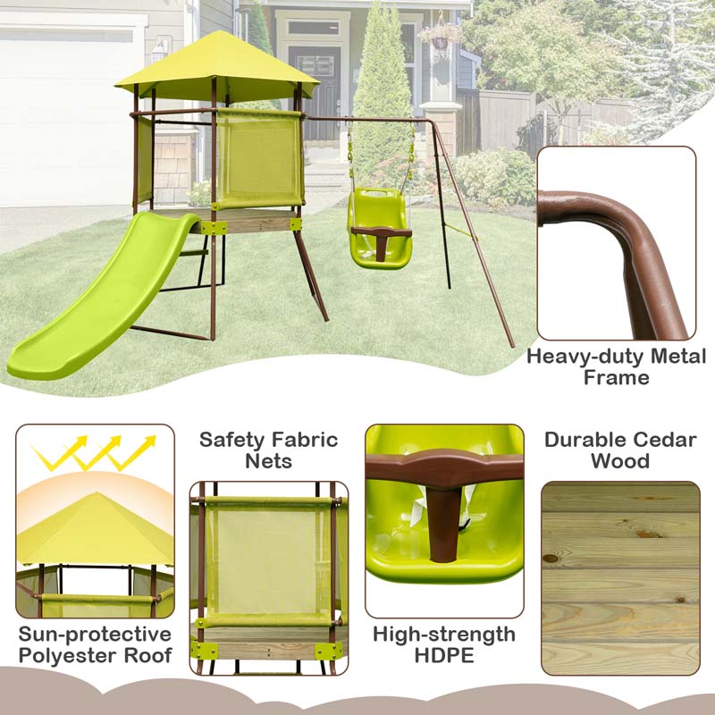 4-in-1 Heavy Duty Metal Swing Set for Kids with Slide, Covered Playhouse Fort, Adjustable Baby Seat & Ladder, Outdoor Playset Swing Set for Backyard