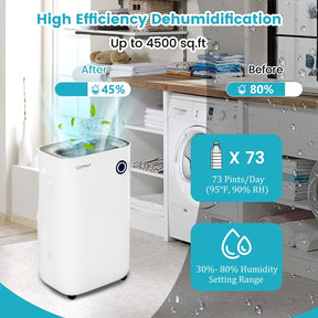 73 Pint Quiet Dehumidifier for 4500 Sq. Ft Home & Basements with 5 Modes, 24H Timer, 3-Color Indicator Light & 1.7 Gal Water Tank