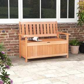 48" Hardwood Storage Bench Patio Backyard Garden Loveseat with 34.2 Gal Inner Space, Entryway Large Deck Box w/Slatted Backrest