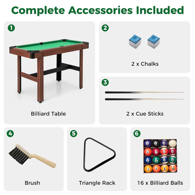 48" Mini Pool Table, Wooden Billiards Table with 16 Balls, 2 Cue Sticks, 2 Chalks, Triangle & Brush for Adults Kids Family Party, Game Room