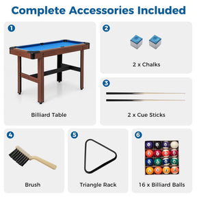 48" Mini Pool Table, Wooden Billiards Table with 16 Balls, 2 Cue Sticks, 2 Chalks, Triangle & Brush for Adults Kids Family Party, Game Room