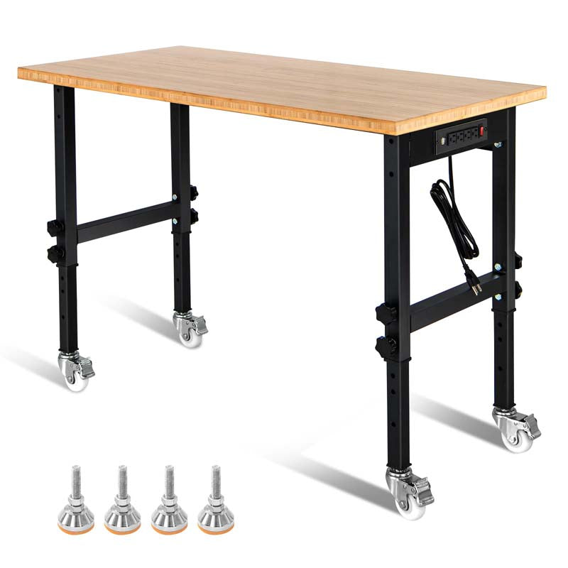 48" Mobile Work Table with Power Outlet, Removable Wheels & Foot Pads, 1984LBS Capacity Bamboo Wood Top Height Adjustable Rolling Workbench