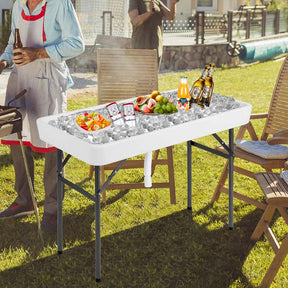 4FT Folding Ice Cooler Table with Drain, Bucket & Removable Skirt, Portable Fill and Chill Table for Food Drink, Camping Party BBQ, No Assembly