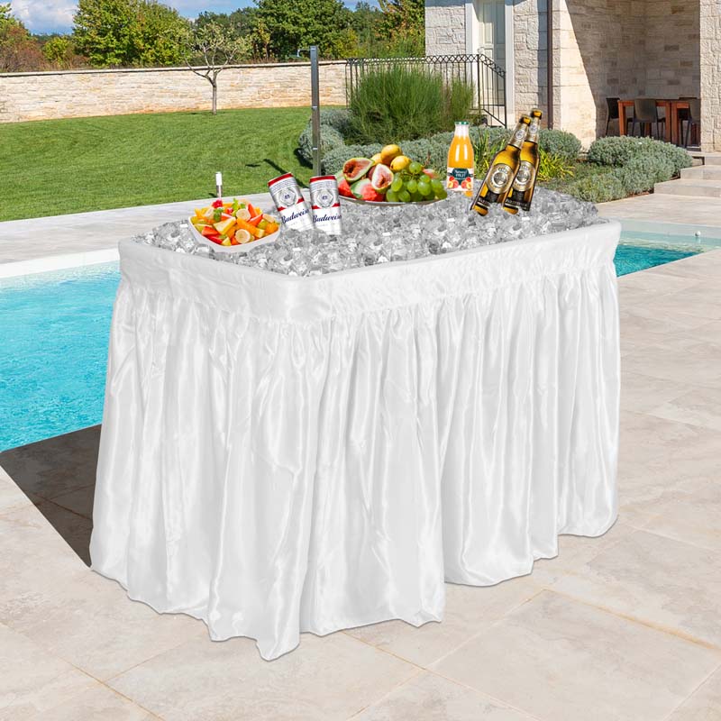4FT Folding Ice Cooler Table with Drain, Bucket & Removable Skirt, Portable Fill and Chill Table for Food Drink, Camping Party BBQ, No Assembly