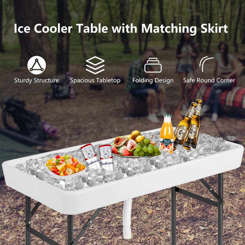 4FT Folding Ice Cooler Table with Drain, Bucket & Removable Skirt, Portable Fill and Chill Table for Food Drink, Camping Party BBQ, No Assembly