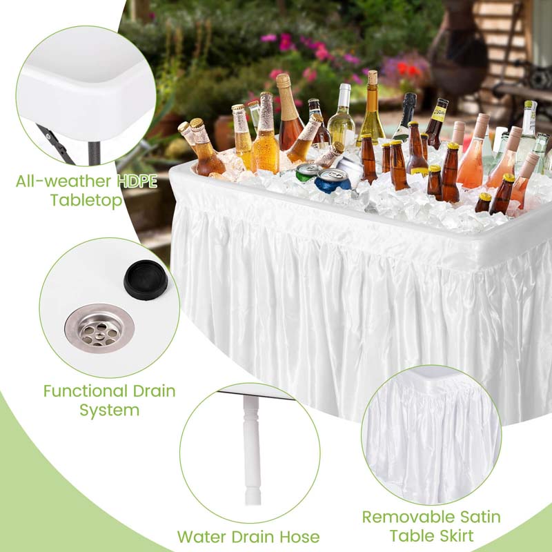4FT Folding Ice Cooler Table with Drain, Bucket & Removable Skirt, Portable Fill and Chill Table for Food Drink, Camping Party BBQ, No Assembly