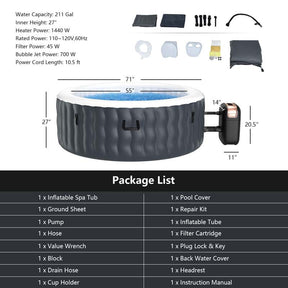 4-Person SaluSpa Inflatable Hot Tub Spa with 108 Massage Bubble Jets, Air Pump, Filter Cartridge & Cover, Portable Outdoor Blow Up Spa