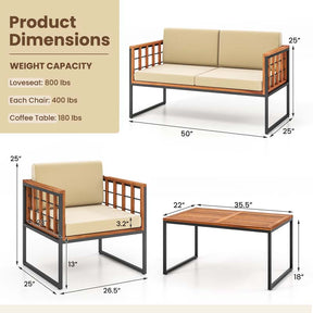4Pcs Acacia Wood Outdoor Sofa Set with Heavy Duty Metal Frame, Soft Seat & Back Cushions