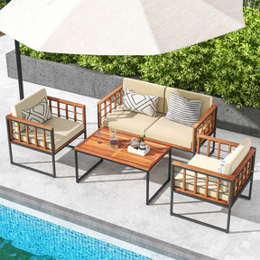 4Pcs Acacia Wood Outdoor Sofa Set with Heavy Duty Metal Frame, Soft Seat & Back Cushions