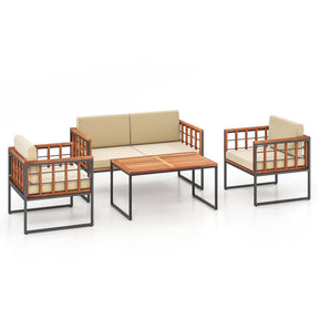 4Pcs Acacia Wood Outdoor Sofa Set with Heavy Duty Metal Frame, Soft Seat & Back Cushions