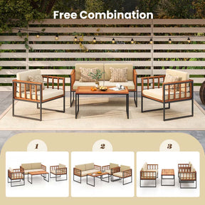 4Pcs Acacia Wood Outdoor Sofa Set with Heavy Duty Metal Frame, Soft Seat & Back Cushions