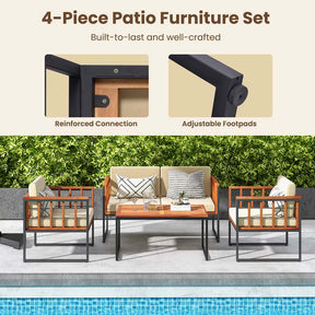 4Pcs Acacia Wood Outdoor Sofa Set with Heavy Duty Metal Frame, Soft Seat & Back Cushions