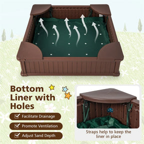 4 x 4 FT Large HDPE Kids Sandbox with Oxford Cover, 4 Corner Seats & Bottom Liner, All Weather Resistant Outdoor Sand Pit