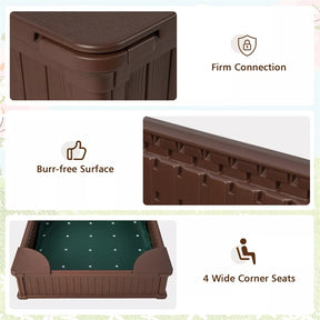4 x 4 FT Large HDPE Kids Sandbox with Oxford Cover, 4 Corner Seats & Bottom Liner, All Weather Resistant Outdoor Sand Pit