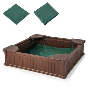 4 x 4 FT Large HDPE Kids Sandbox with Oxford Cover, 4 Corner Seats & Bottom Liner, All Weather Resistant Outdoor Sand Pit
