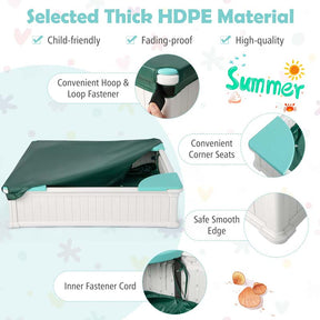 4 x 4 FT Large HDPE Kids Sandbox with Oxford Cover, 4 Corner Seats & Bottom Liner, All Weather Resistant Outdoor Sand Pit