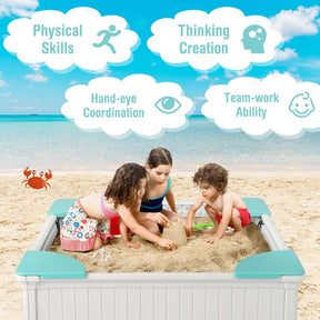 4 x 4 FT Large HDPE Kids Sandbox with Oxford Cover, 4 Corner Seats & Bottom Liner, All Weather Resistant Outdoor Sand Pit
