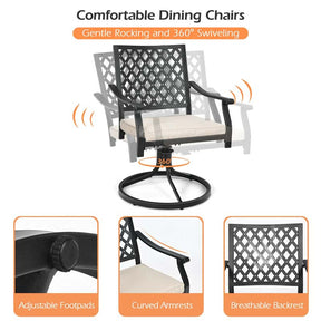 5Pcs Rustproof Steel Outdoor Patio Dining Set with 4 Swivel Rocking Chairs, Soft Cushions