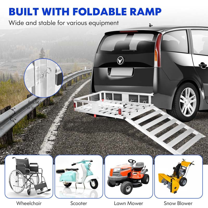 500lbs Aluminum Hitch Cargo Carrier with Ramp & High Side Rails, Heavy-Duty Utility Cargo Rack for Truck SUV Van RV, Fits 2" Class III/IV Receiver