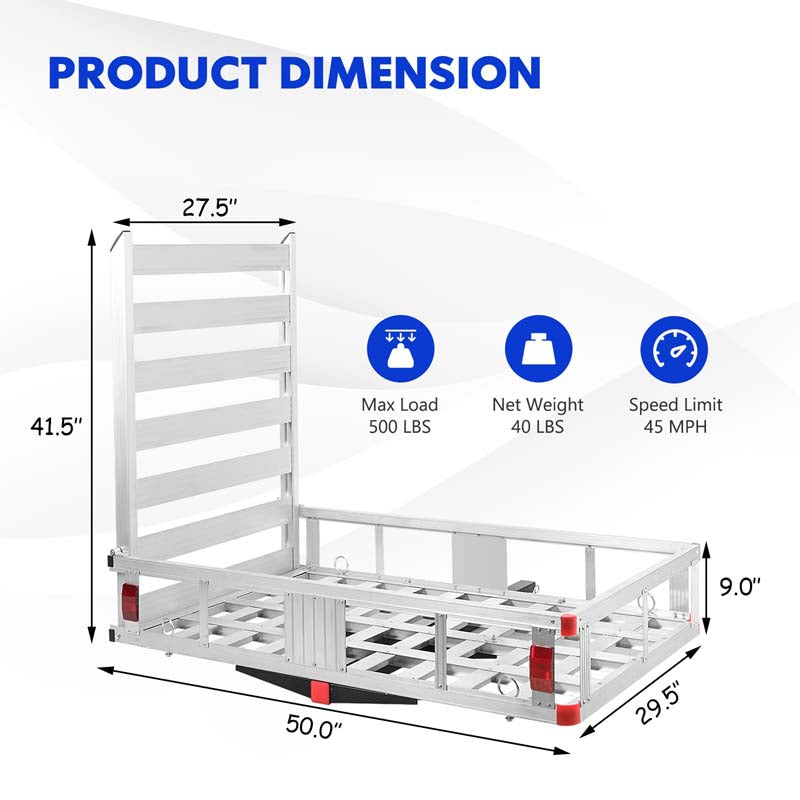 500lbs Aluminum Hitch Cargo Carrier with Ramp & High Side Rails, Heavy-Duty Utility Cargo Rack for Truck SUV Van RV, Fits 2" Class III/IV Receiver