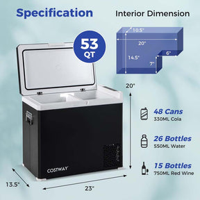 53QT Portable Car Fridge Freezer for Camping Travel, Dual Zone Electric Cooler w/-4℉~68℉ Adjustable Range, 12/24V DC & 110-240V AC