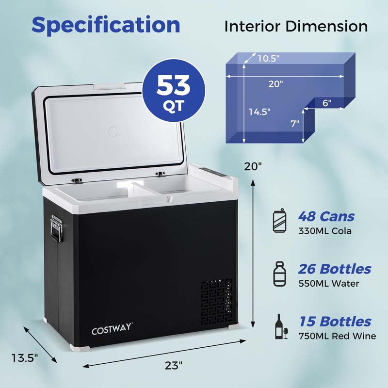 53QT Portable Car Fridge Freezer for Camping Travel, Dual Zone Electric Cooler w/-4℉~68℉ Adjustable Range, 12/24V DC & 110-240V AC