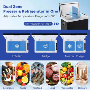 53QT Portable Car Fridge Freezer for Camping Travel, Dual Zone Electric Cooler w/-4℉~68℉ Adjustable Range, 12/24V DC & 110-240V AC