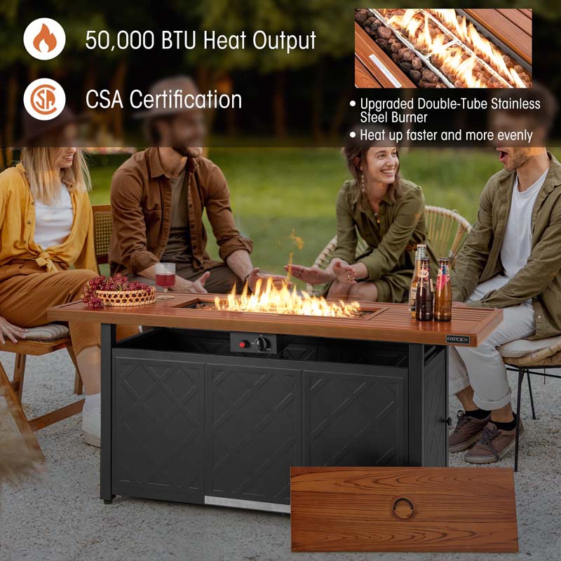 57" 50,000 BTU Outdoor Propane Fire Pit Table, Rectangular Patio Gas Fire Table with Lid, Auto-Ignition & Lava Rocks for Backyard Garden