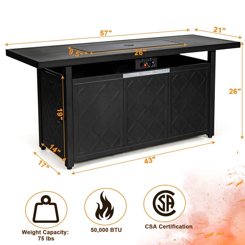 57" 50,000 BTU Outdoor Propane Fire Pit Table, Rectangular Patio Gas Fire Table with Lid, Auto-Ignition & Lava Rocks for Backyard Garden