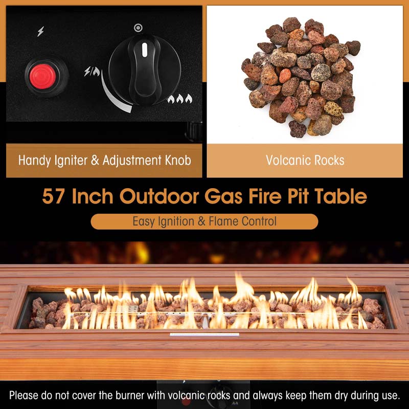 57" 50,000 BTU Outdoor Propane Fire Pit Table, Rectangular Patio Gas Fire Table with Lid, Auto-Ignition & Lava Rocks for Backyard Garden