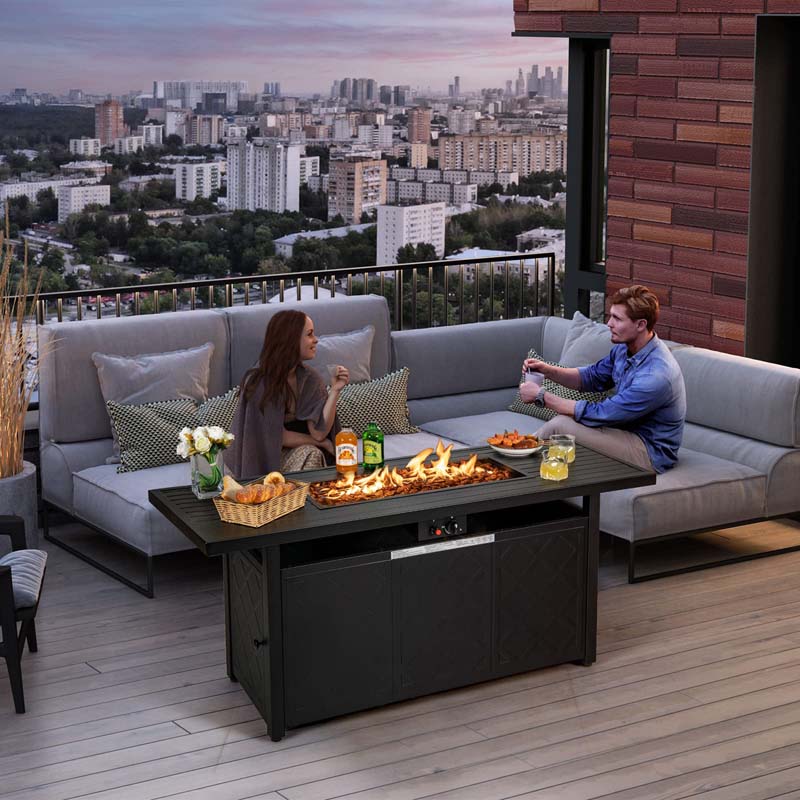 57" 50,000 BTU Outdoor Propane Fire Pit Table, Rectangular Patio Gas Fire Table with Lid, Auto-Ignition & Lava Rocks for Backyard Garden