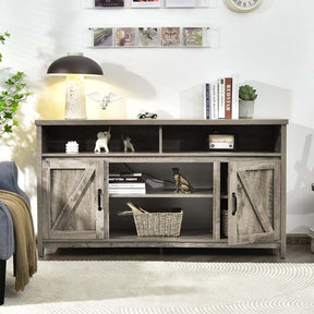 59" Farmhouse TV Stand for TVs Up to 65 Inches, Wood Entertainment Center Media Console Cabinet with Double Barn Doors & Adjustable Shelves