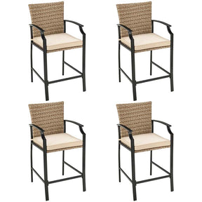 5 Pieces Heavy-Duty Steel Frame Outdoor Patio Bar Set Rattan Bistro Set with 4 Wicker Bar Stools and 1 Bar Table, Soft Cushions