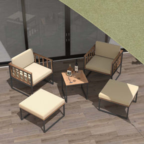 5Pcs Acacia Wood Patio Furniture Set with Ottomans, Outdoor Conversation Set with Soft Cushions & Coffee Table for Poolside Balcony