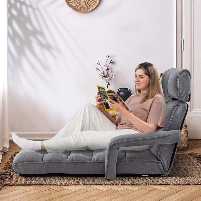 6-Position Adjustable Floor Sofa Bed, Folding Lazy Sofa Chaise Lounger Recliner with Armrests & Footrests for Living Room, Bedroom & Gaming