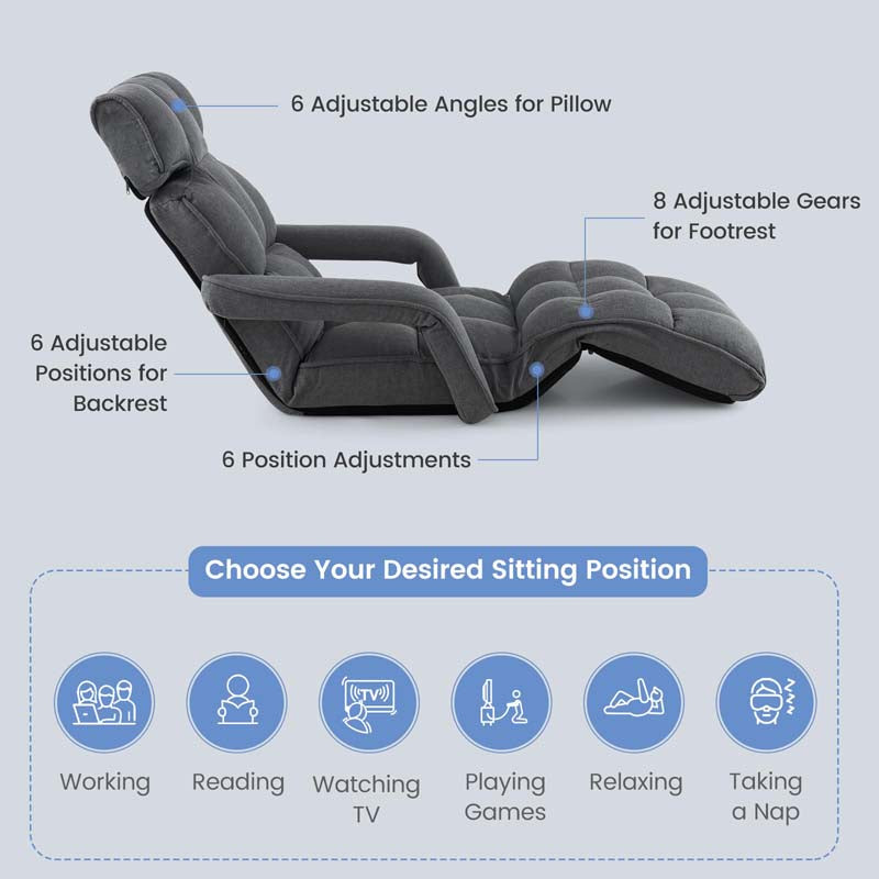 6-Position Adjustable Floor Sofa Bed, Folding Lazy Sofa Chaise Lounger Recliner with Armrests & Footrests for Living Room, Bedroom & Gaming
