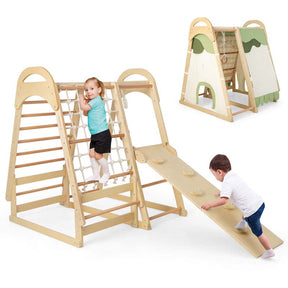 6-in-1 Wooden Kids Jungle Gym Playset with Slide Climbing Net, Indoor Playground Montessori Climbing Toys for Toddlers