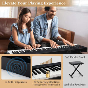 61-Key Semi-weighted Portable Electric Keyboard Piano, Complete Digital Piano Set with Stand, Stool, Case, Wireless MIDI & Sustain Pedal for Beginners