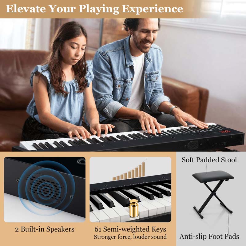 61-Key Semi-weighted Portable Electric Keyboard Piano, Complete Digital Piano Set with Stand, Stool, Case, Wireless MIDI & Sustain Pedal for Beginners