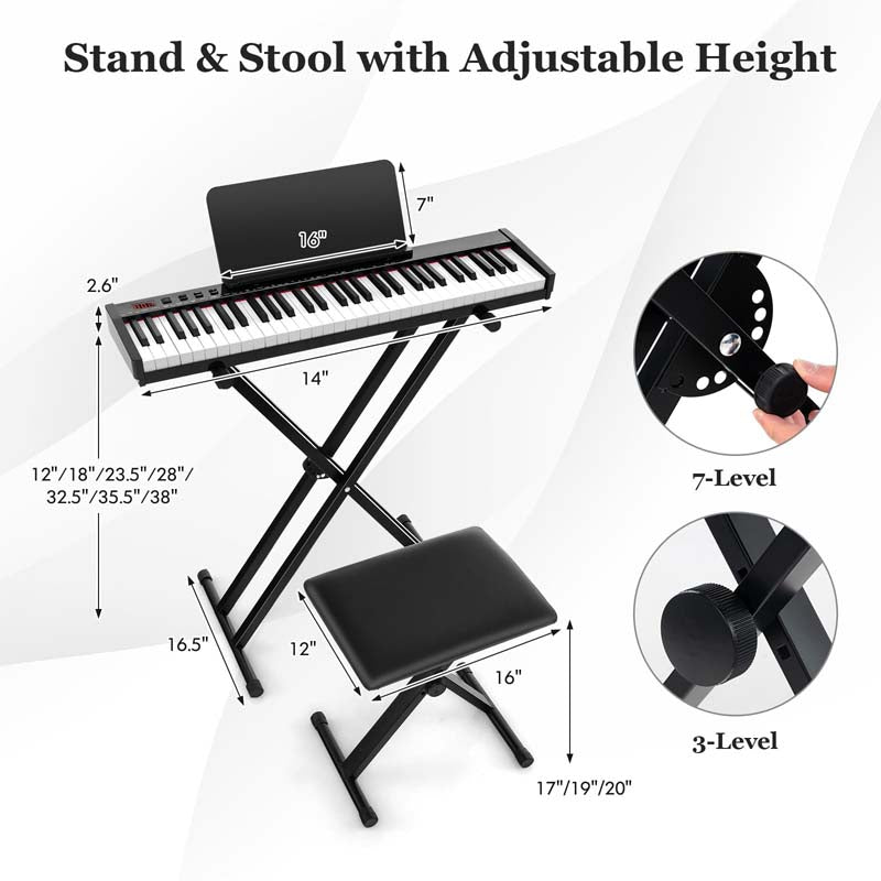 61-Key Semi-weighted Portable Electric Keyboard Piano, Complete Digital Piano Set with Stand, Stool, Case, Wireless MIDI & Sustain Pedal for Beginners
