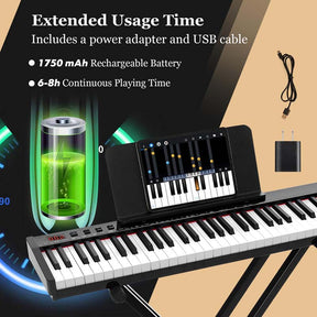 61-Key Semi-weighted Portable Electric Keyboard Piano, Complete Digital Piano Set with Stand, Stool, Case, Wireless MIDI & Sustain Pedal for Beginners