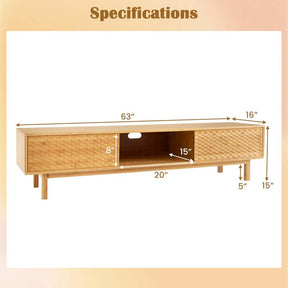 63" Bamboo TV Stand for Up to 70" TVs, Mid Century Modern Entertainment Center Media Console with Sliding Doors & 3 Storage Cubbies for Living Room