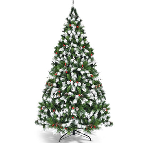 6/7.5/9FT Pre-lit Artificial Christmas Tree, Hinged Snow Flocked Xmas Tree w/Pine Cones, Red Berries & 250/550/900 LED Lights, 8 Lighting Modes